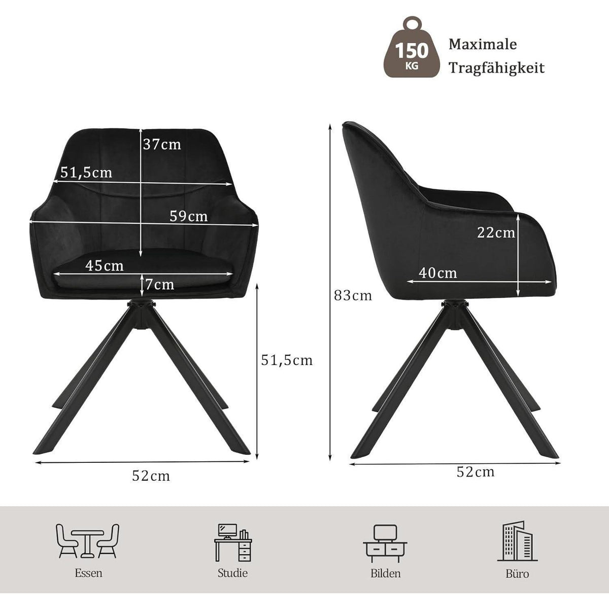 Drehbarer Esszimmerstuhl Set 2 Schwarz – Samt & Metall