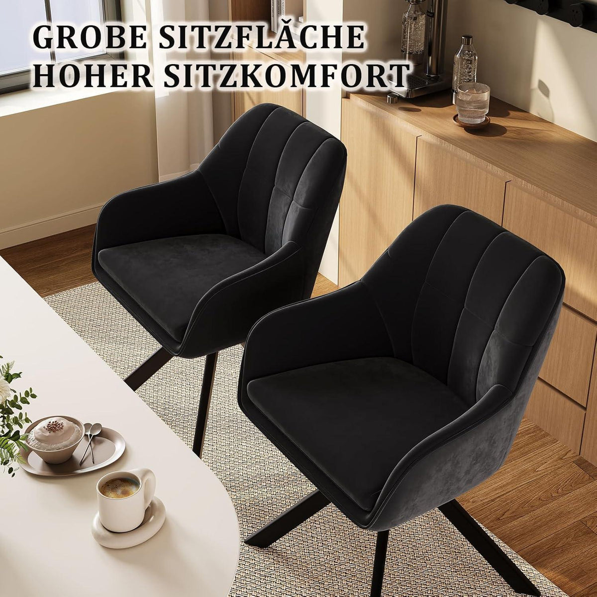 Drehbarer Esszimmerstuhl Set 2 Schwarz – Samt & Metall