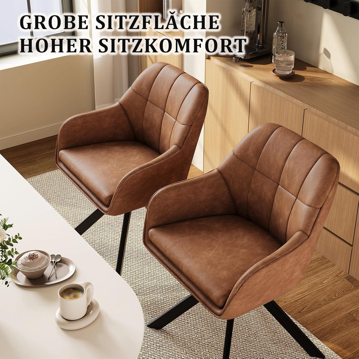Drehstuhl Esszimmer 2er Set Braun mit Armlehnen in Lederoptik