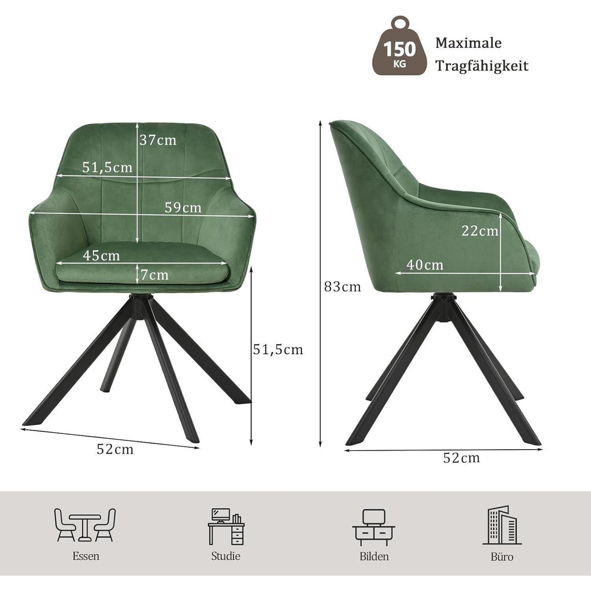 Drehstuhl Esszimmer 6er Set Samt Grün mit Armlehne