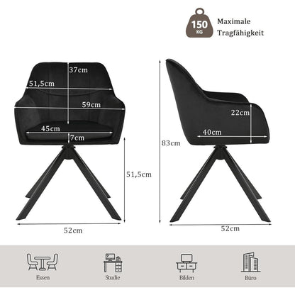 Drehbarer Esszimmerstuhl Set 6er Schwarz – Samt & Metall