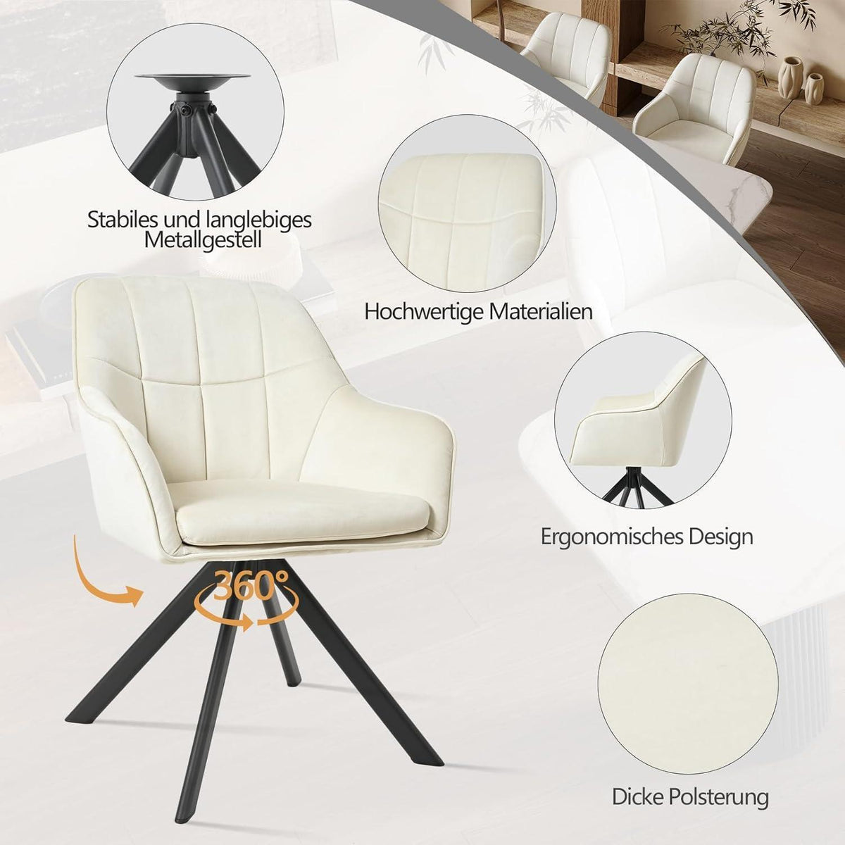 Drehbarer Esszimmerstuhl 6er Set Creme – Komfortabler Polsterstuhl