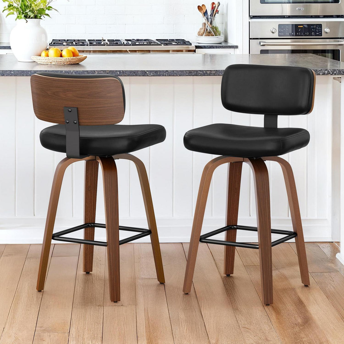 Drehbarer Barhocker 2er Set mit Lehne – Schwarz