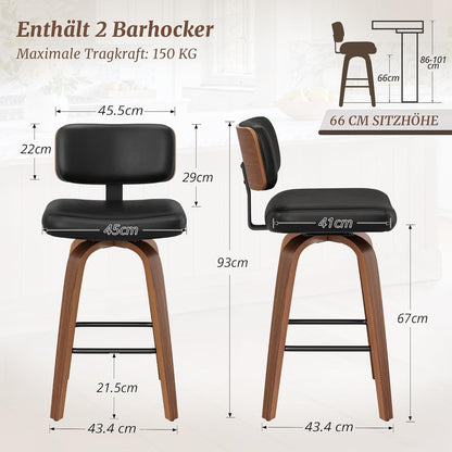 Drehbarer Barhocker 2er Set mit Lehne – Schwarz