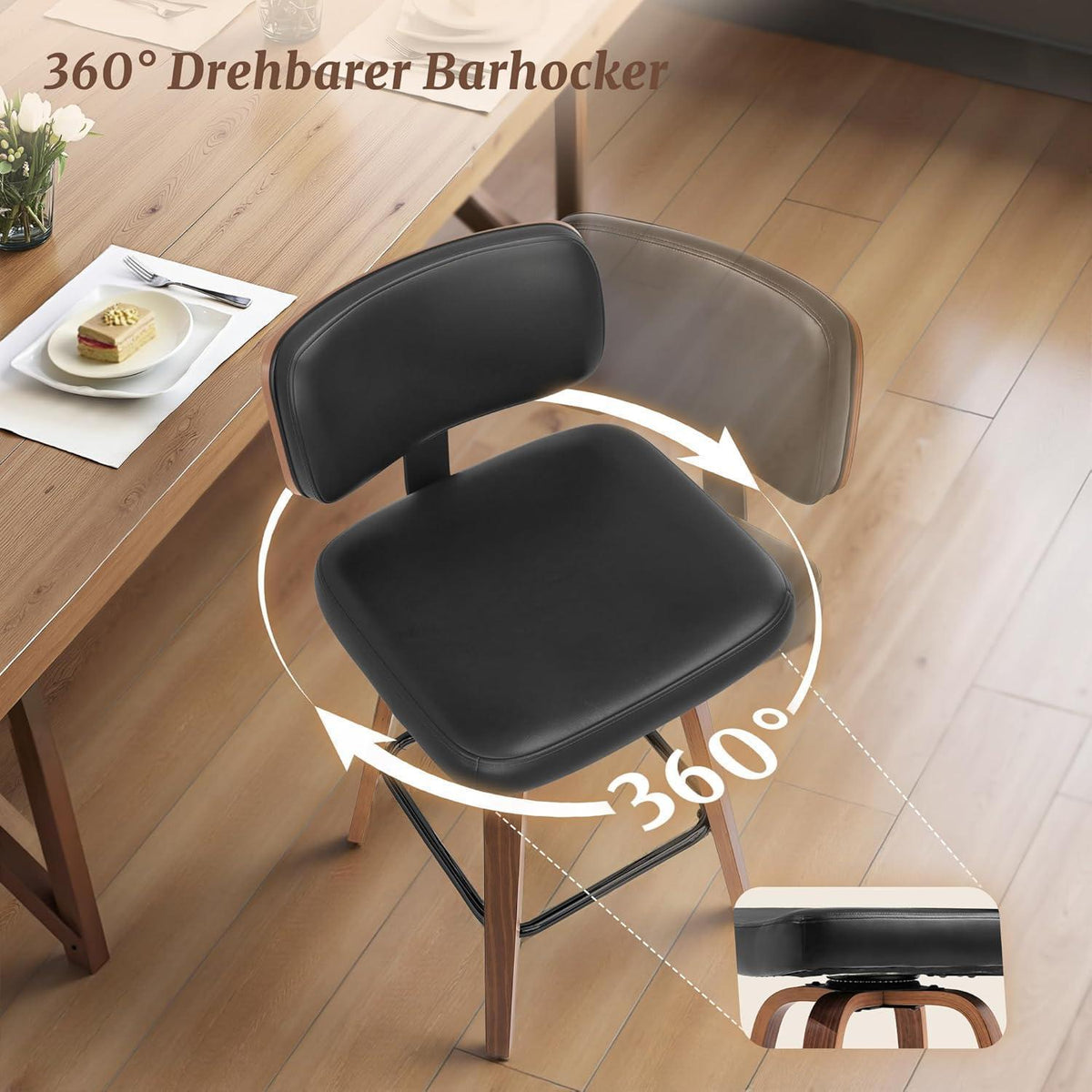 Drehbarer Barhocker 2er Set mit Lehne – Schwarz