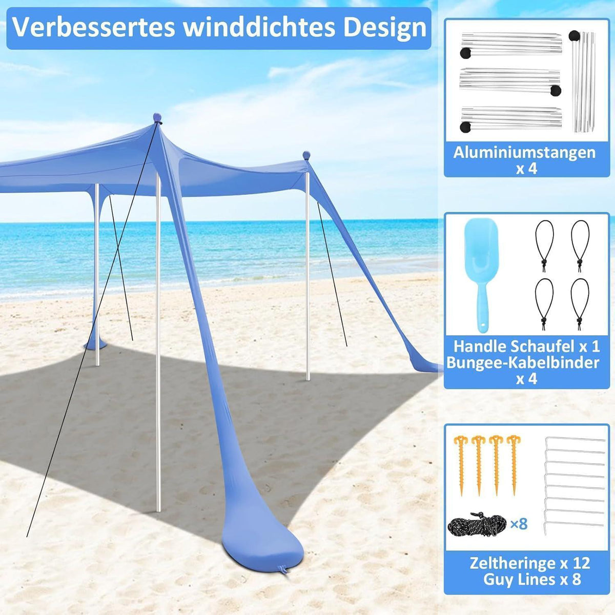 Strandzelt UV Schutz 3x3m Blau für 5-8 Personen
