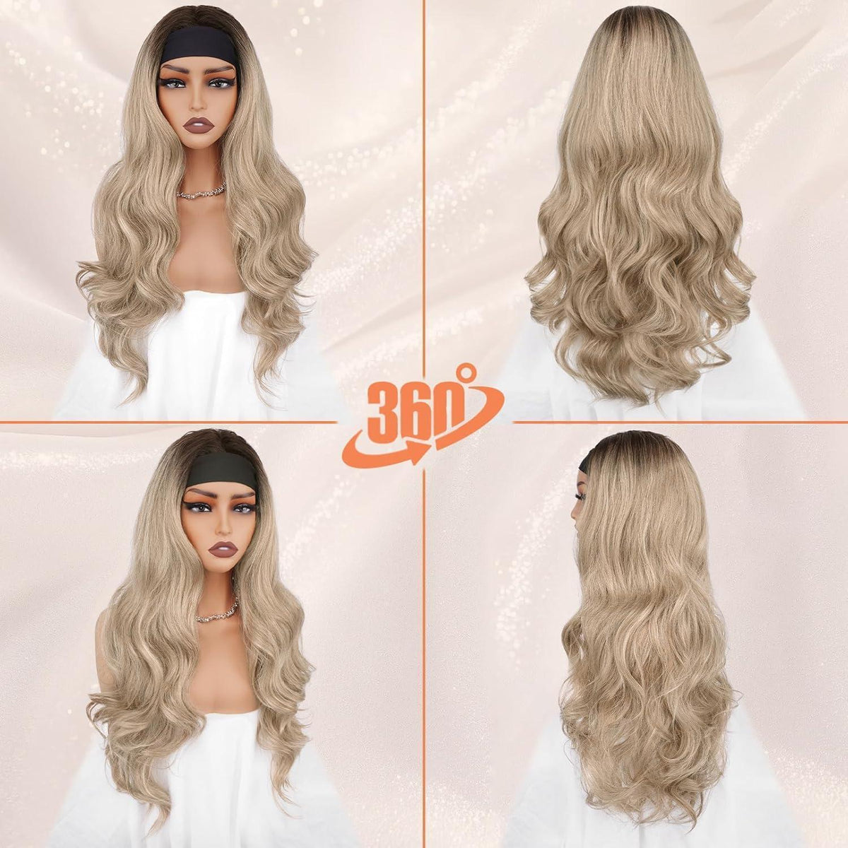 Ombre Blond Gewellte Stirnband Perücke 66cm – Kleberlos & Natürlich