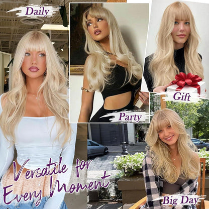 Platinblond Perücke mit Pony, 50cm, gewellt & natürlich