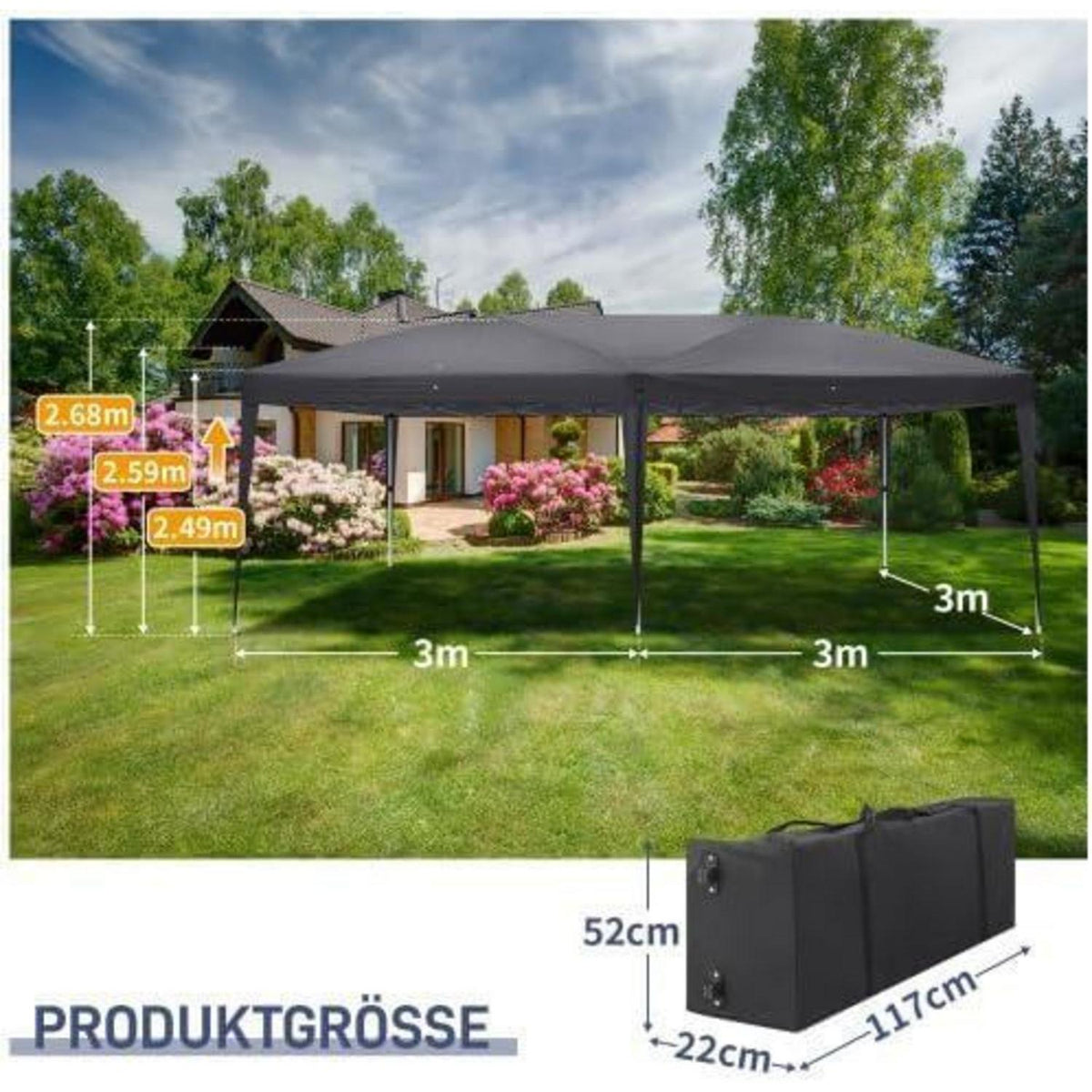 Bonnlo Gazebo 3x6m – Höhenverstellbares Partyzelt mit Seitenteilen