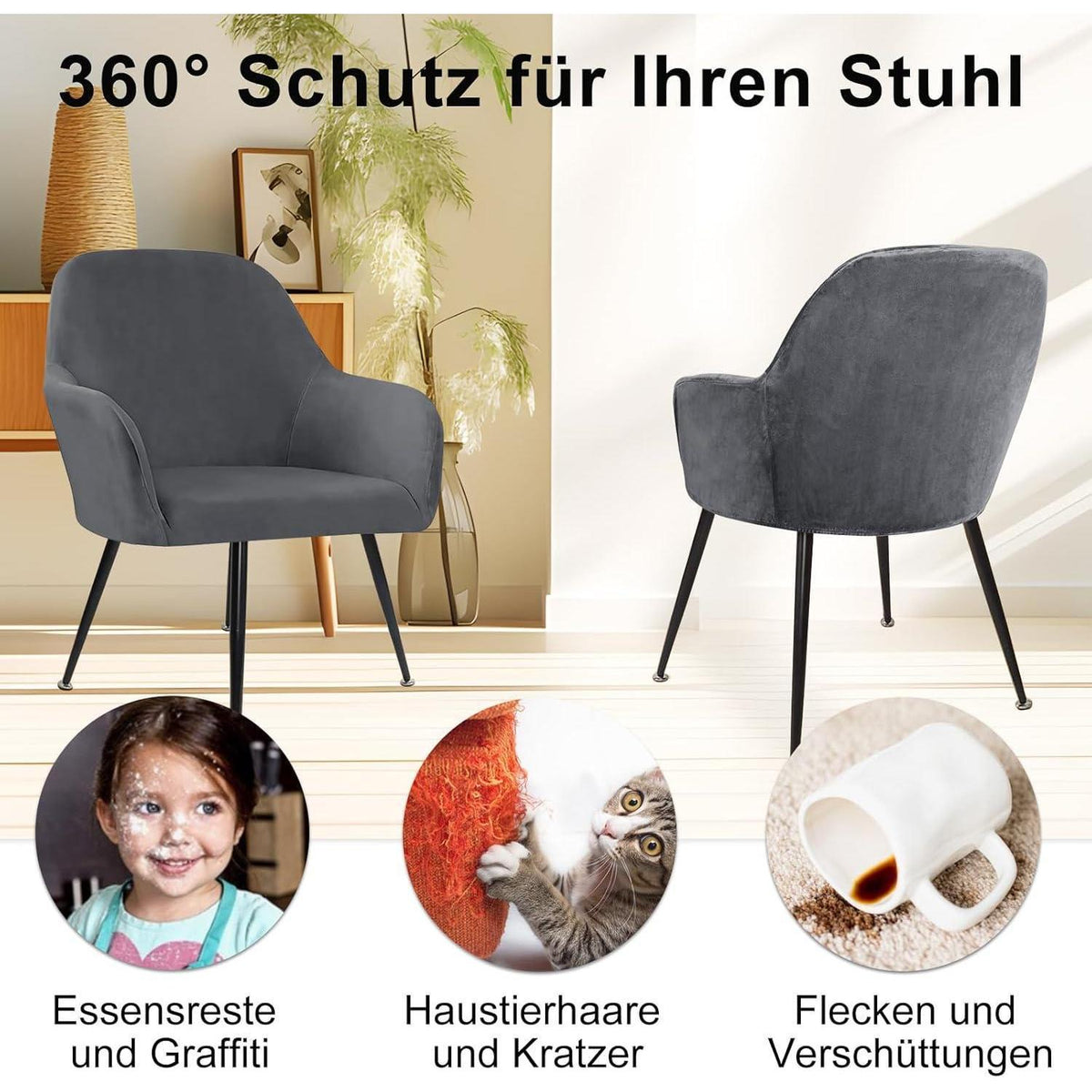 Stretch Samt Stuhlhussen Set - Grau, 4er Pack, Large