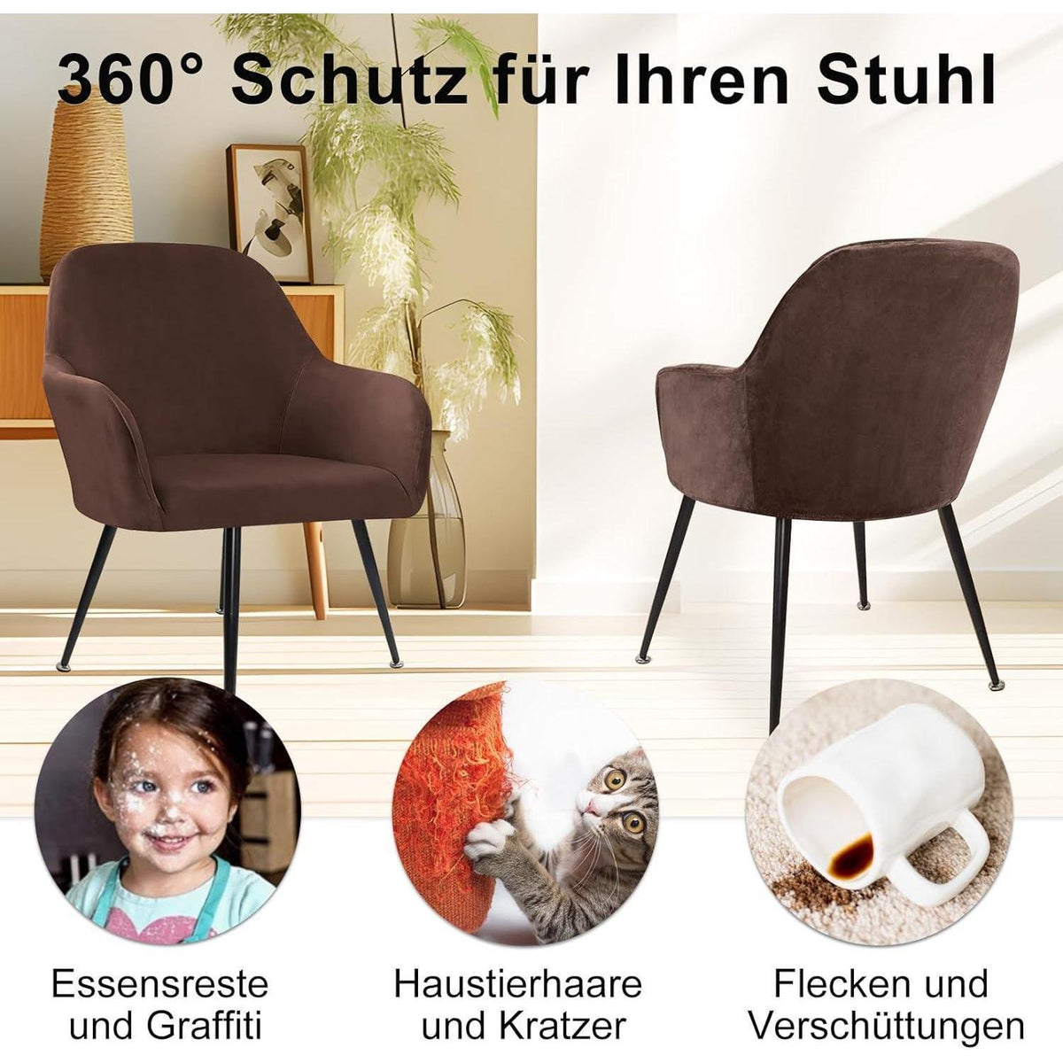Stretch Samt Stuhlhussen Set - Braun, 4er Pack, Large
