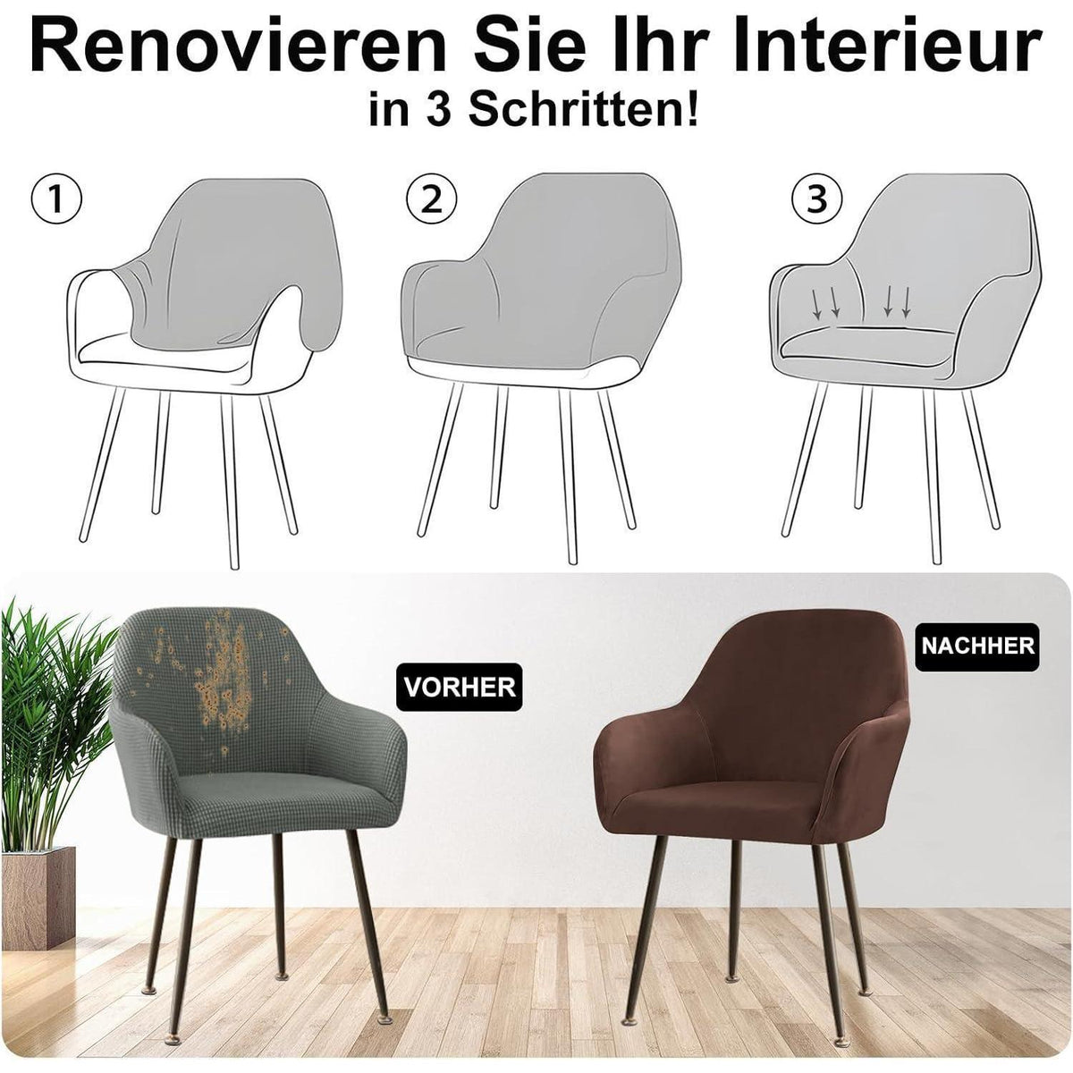 Stretch Samt Stuhlhussen Set - Braun, 4er Pack