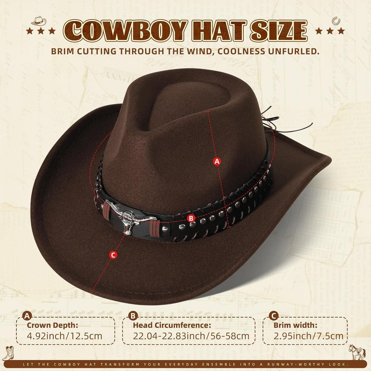 Cowboyhut mit breiter Krempe und Band in Lederoptik