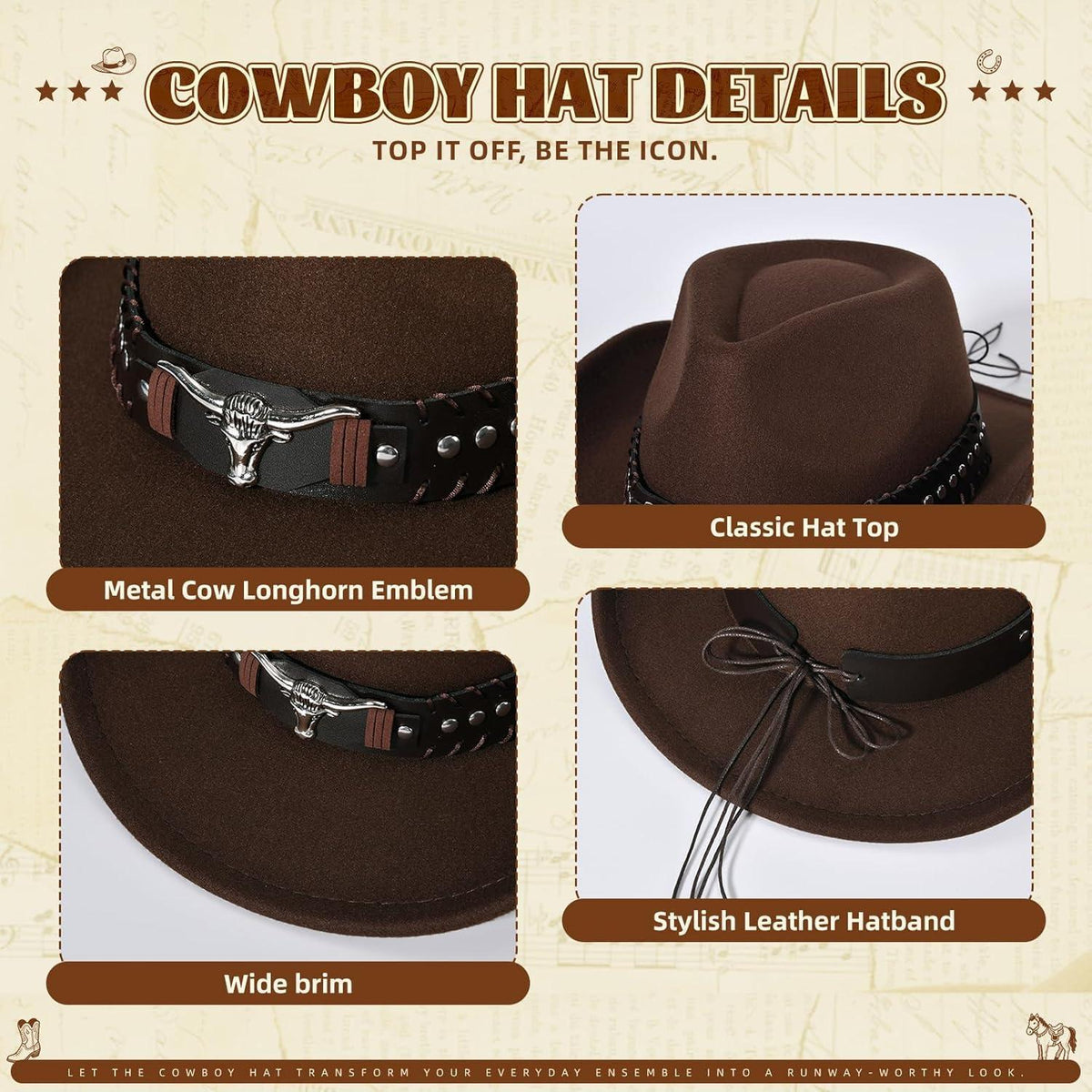 Cowboyhut mit breiter Krempe und Band in Lederoptik
