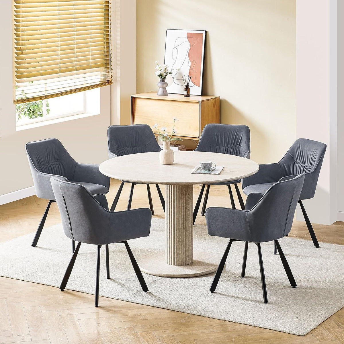 Drehbarer Esszimmerstuhl Set 6 - Grau, Samt & Armlehnen