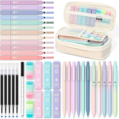 Schreibwaren-Set Mädchen: 39 Teile mit Mäppchen, Pastell-Textmarker & Gelstifte