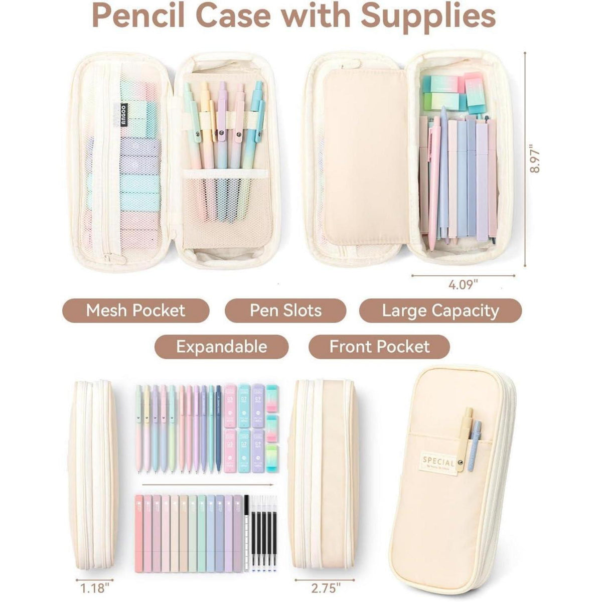 Schreibwaren-Set Mädchen: 39 Teile mit Mäppchen, Pastell-Textmarker & Gelstifte
