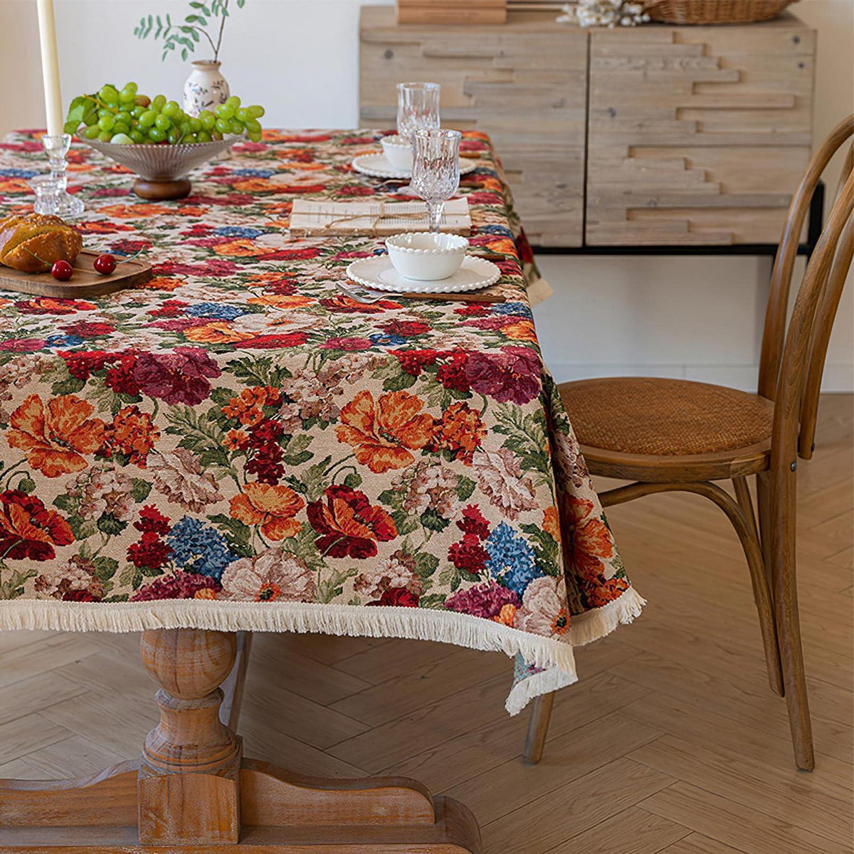 Vintage Blumen Tischdecke Rechteck mit Quasten & Leinen-Optik