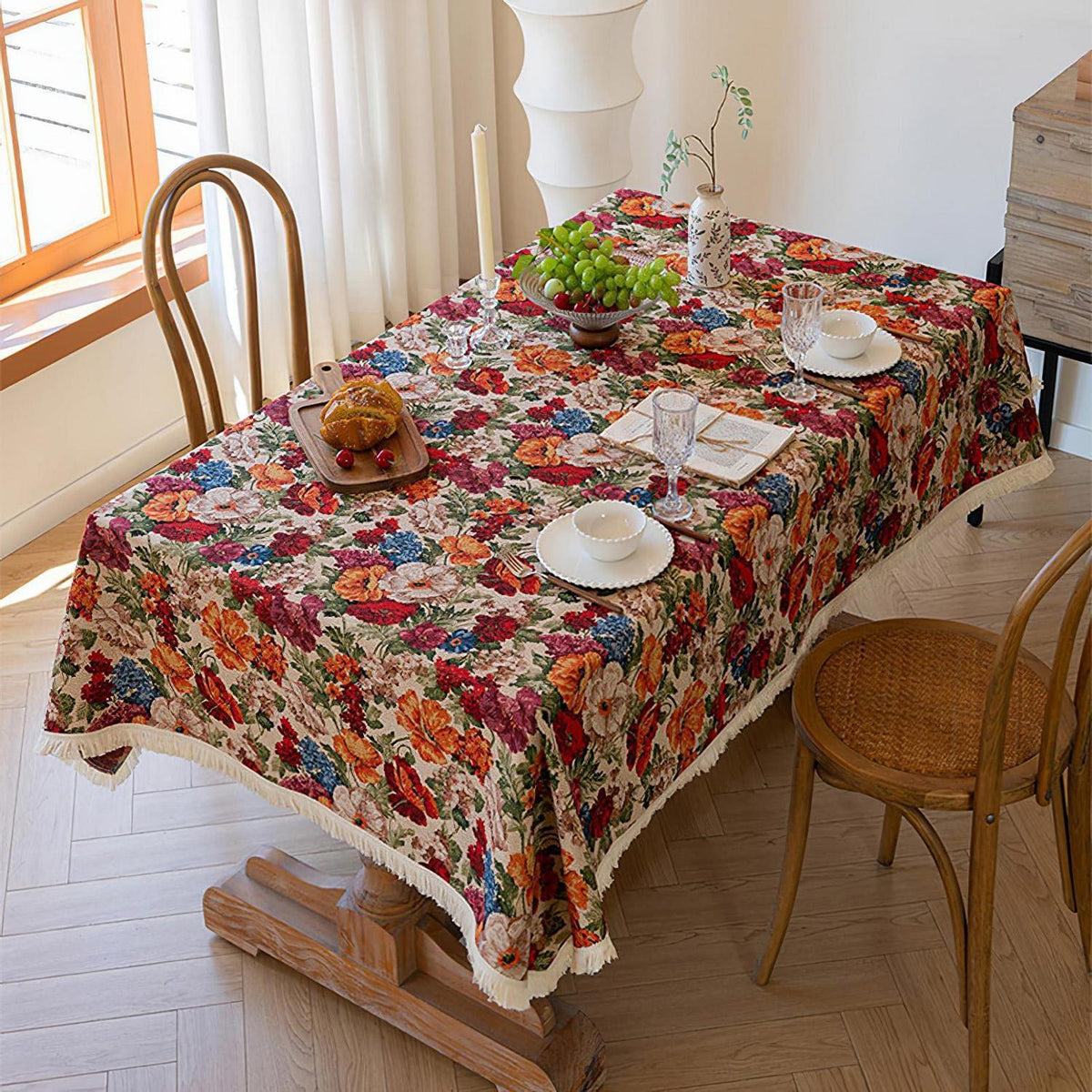 Vintage Blumen Tischdecke Rechteck mit Quasten & Leinen-Optik