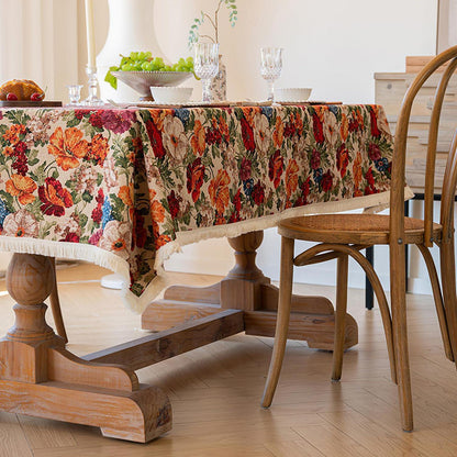 Vintage Blumen Tischdecke quadratisch mit Quasten – 140x140 cm
