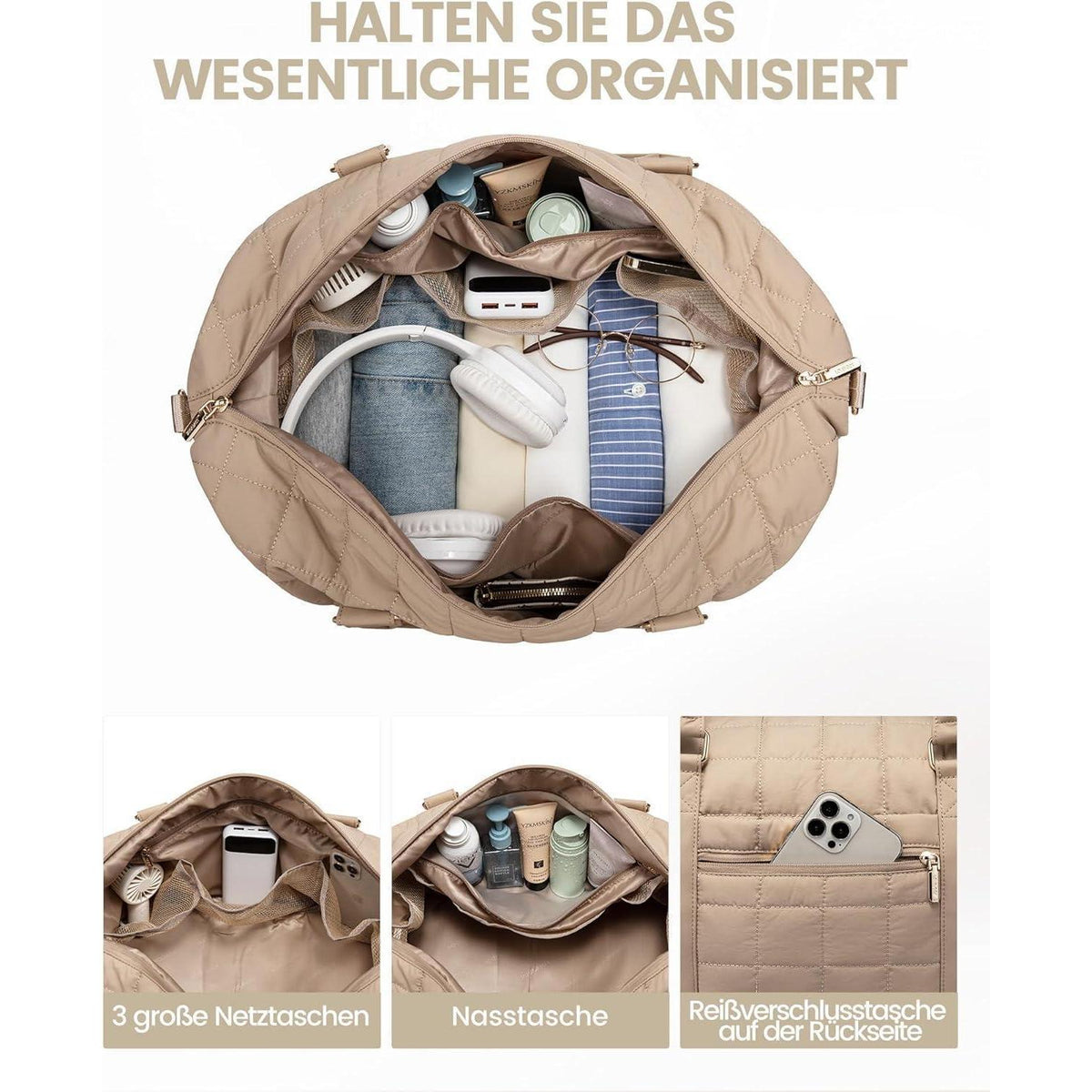 Reisetasche Damen Groß mit Schuhfach & Nassfach, Khaki