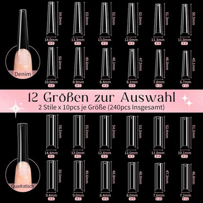 240 XXL Nageltips – Lange Acryl Nägel, Klar & Coffin Stil