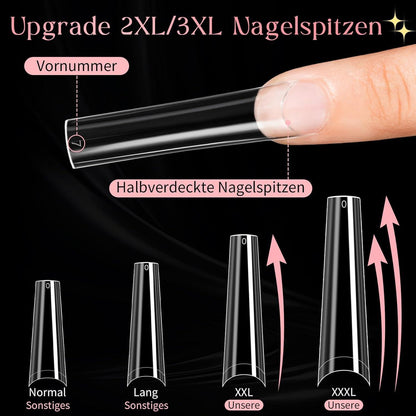 240 XXL Nageltips – Lange Acryl Nägel, Klar & Coffin Stil