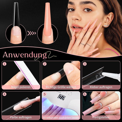 240 XXL Nageltips – Lange Acryl Nägel, Klar & Coffin Stil