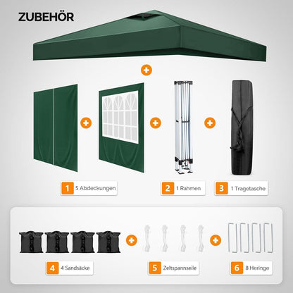 3x3m Gazebo mit 4 Wänden & Sandsäcken – Wasserdicht & UV-Schutz