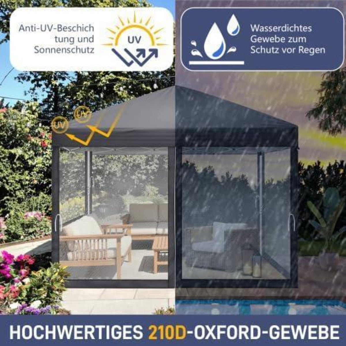 3x3m Gazebo – Wasserdicht, UV-Schutz & Mesh-Seitenteile