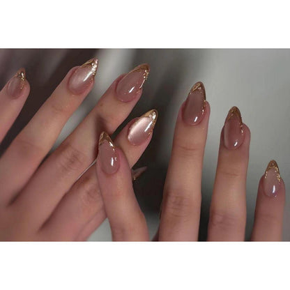 MouyouGlow Press On Nails Almond Cat Eye Rosa Gold French