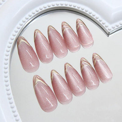 MouyouGlow Press On Nails Almond Cat Eye Rosa Gold French