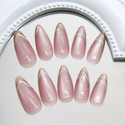 MouyouGlow Press On Nails Almond Cat Eye Rosa Gold French