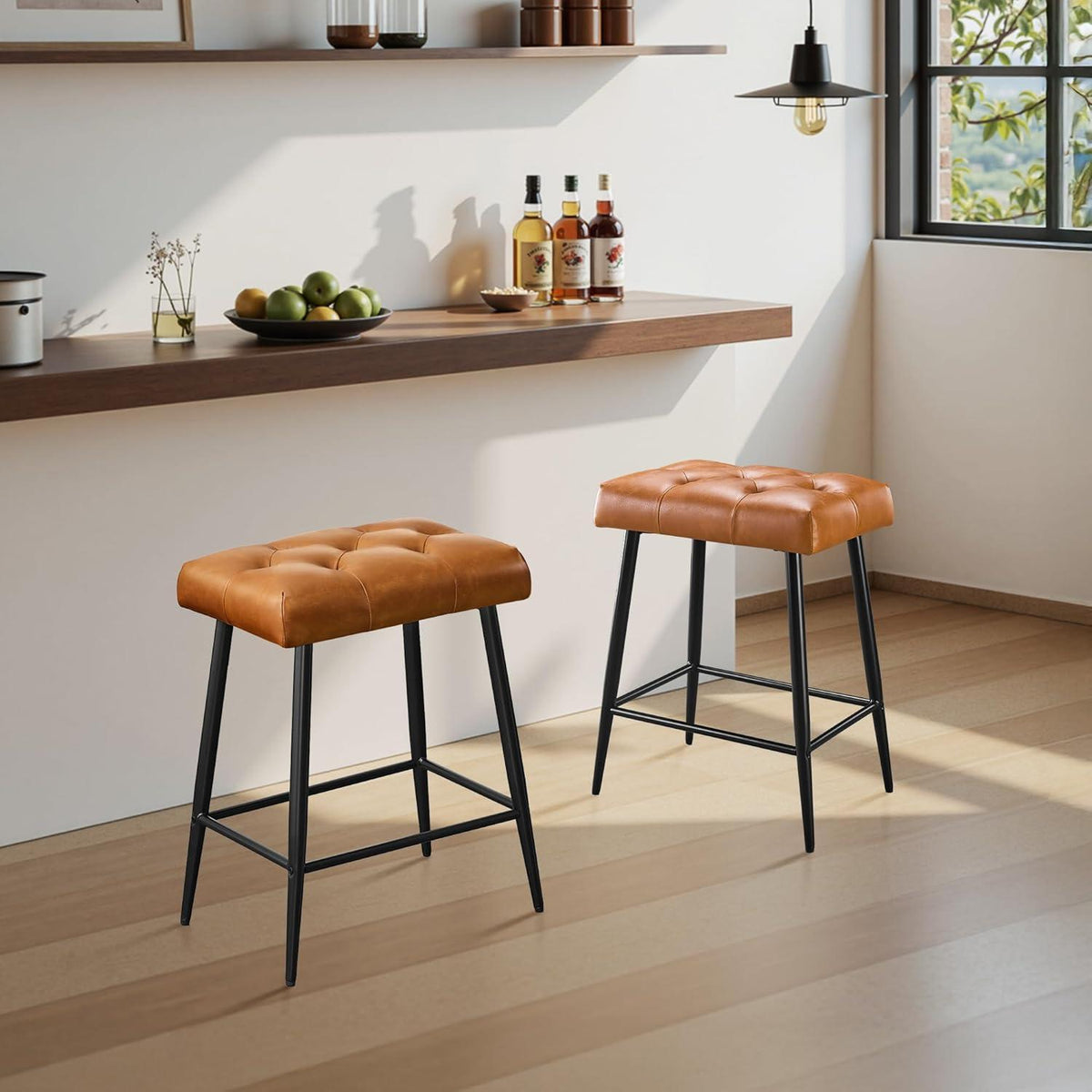 Barhocker 2er Set mit Fußstütze – Braun, Retro Stil