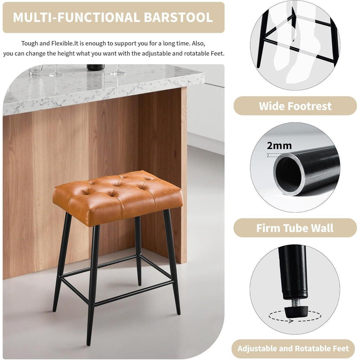 Barhocker 2er Set mit Fußstütze – Braun, Retro Stil