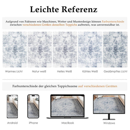 Vintage Teppich Blau 240x300cm Waschbar – Wohnzimmerteppich