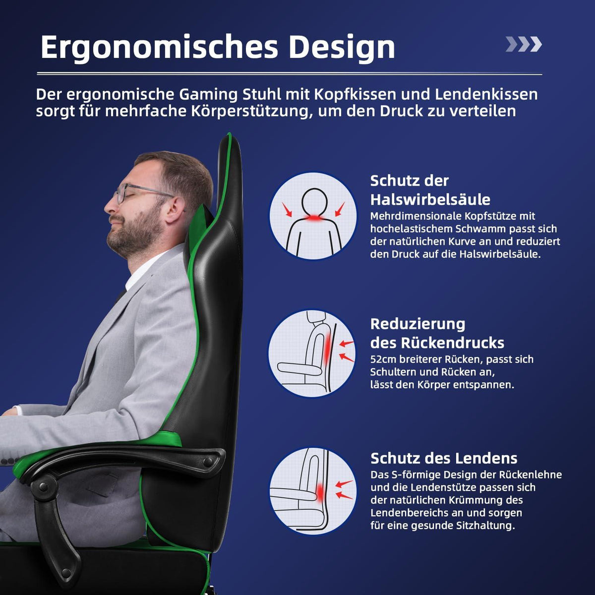 Ergonomischer Gaming Stuhl mit Teleskopischer Fußstütze - Grün