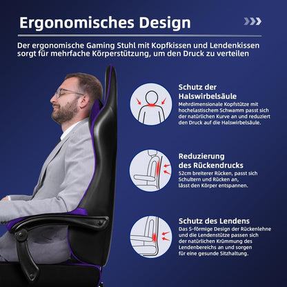 Ergonomischer Gaming Stuhl mit Fußstütze und Lendenstütze