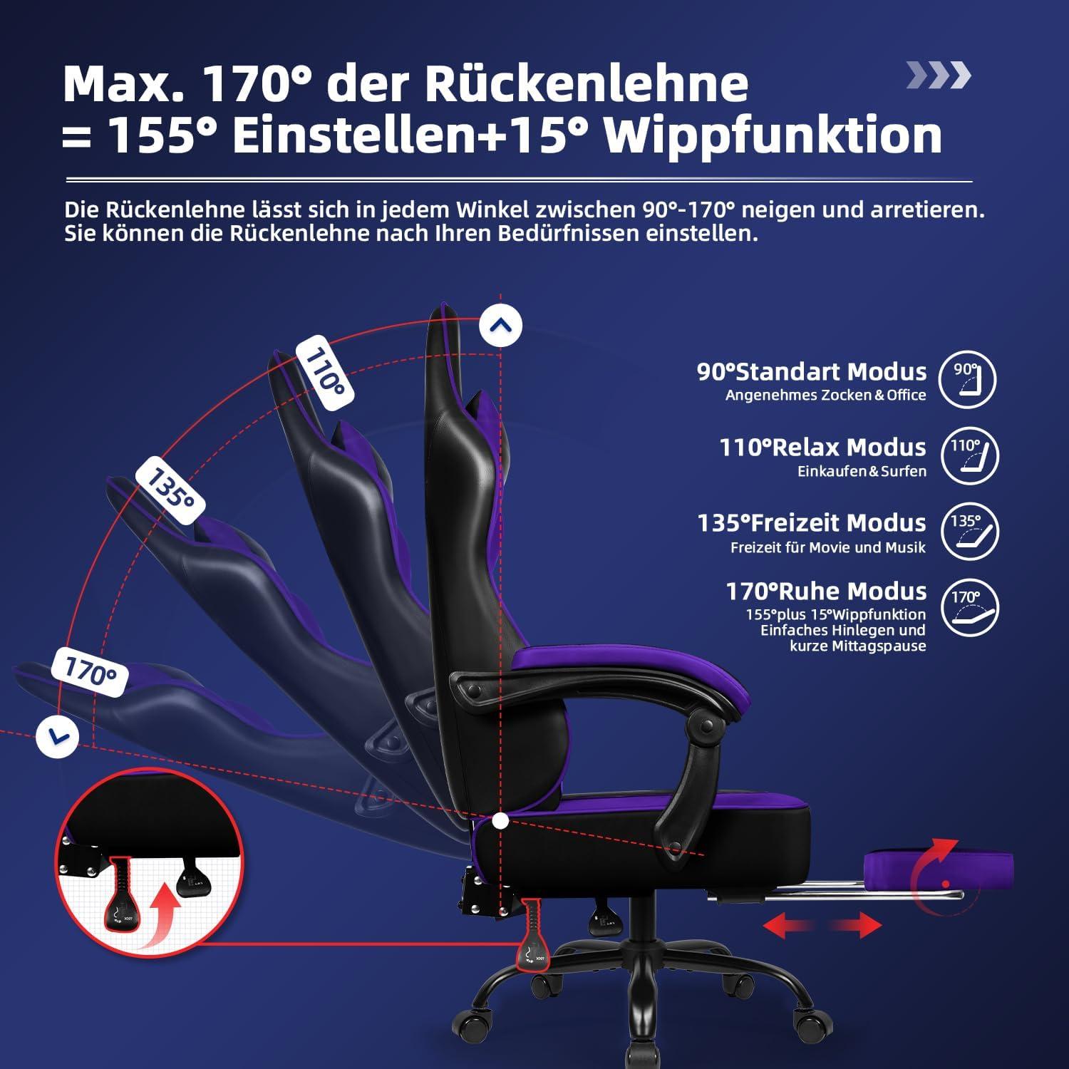 Ergonomischer Gaming Stuhl Bürostuhl mit Fußstütze Lila 150kg