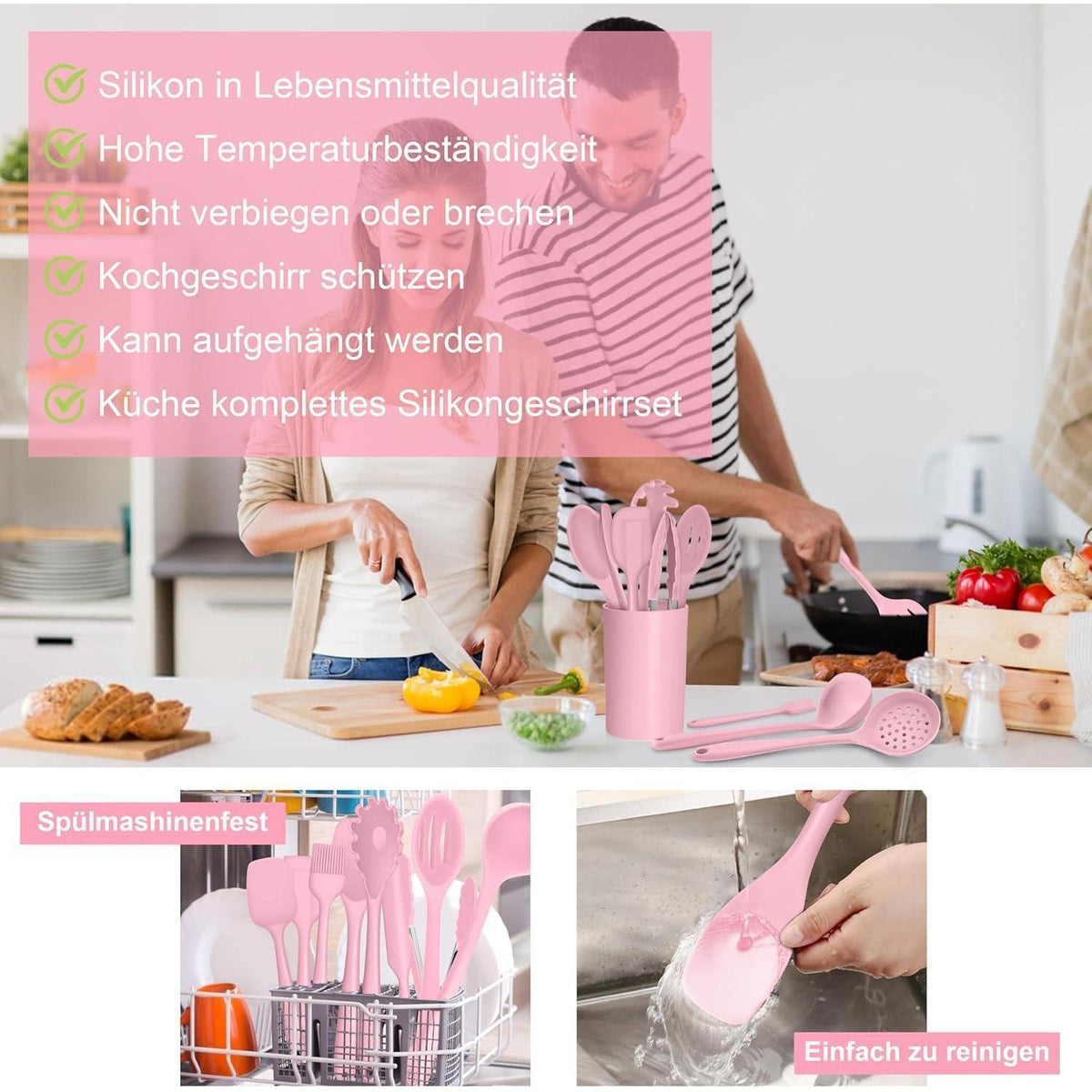 15-teiliges Silikon Küchenhelfer Set Rosa
