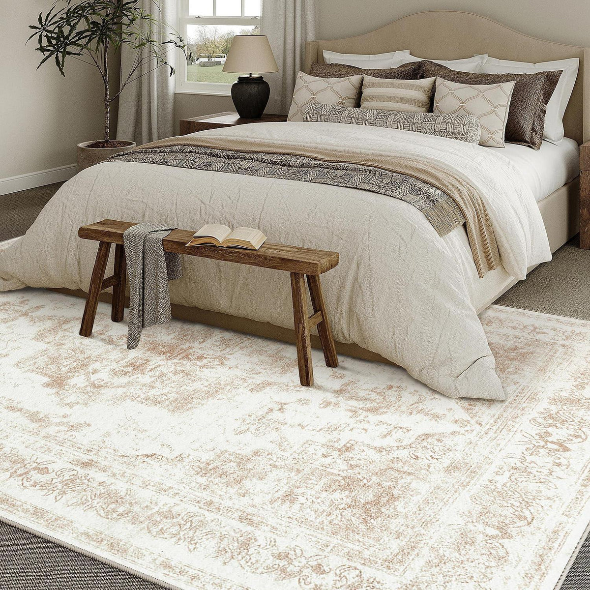 Vintage Creme Teppich 240x300cm Waschbar & Rutschfest