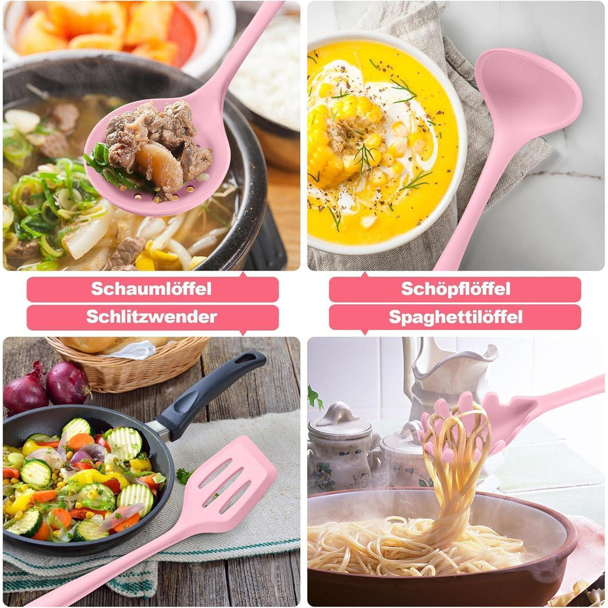 22-teiliges Silikon Küchenhelfer Set, Hitzebeständig, Pink Rosa