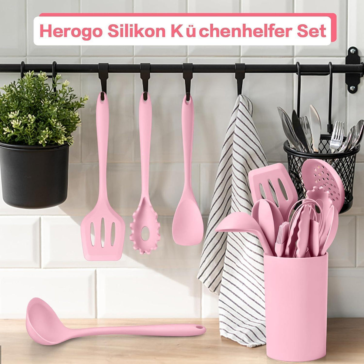 22-teiliges Silikon Küchenhelfer Set, Hitzebeständig, Pink Rosa