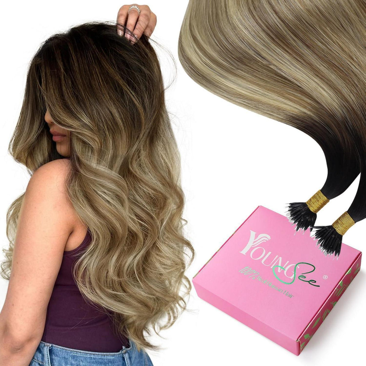 Echthaar Nano Extensions Balayage Braun Blond 40cm