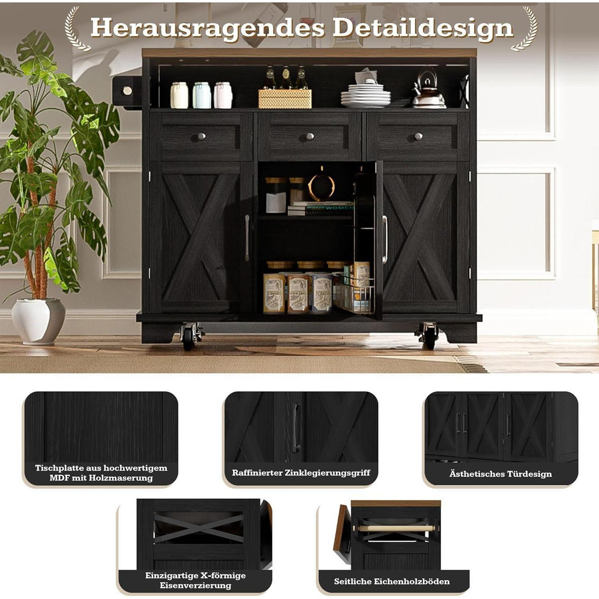 Moderne Kücheninsel mit Stauraum & Handtuchhalter (118x43x98cm)