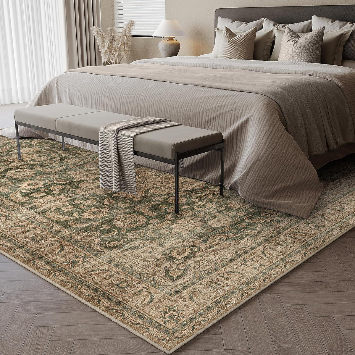 Vintage Teppich Grün 240x300cm Waschbar – Wohnzimmer Teppich