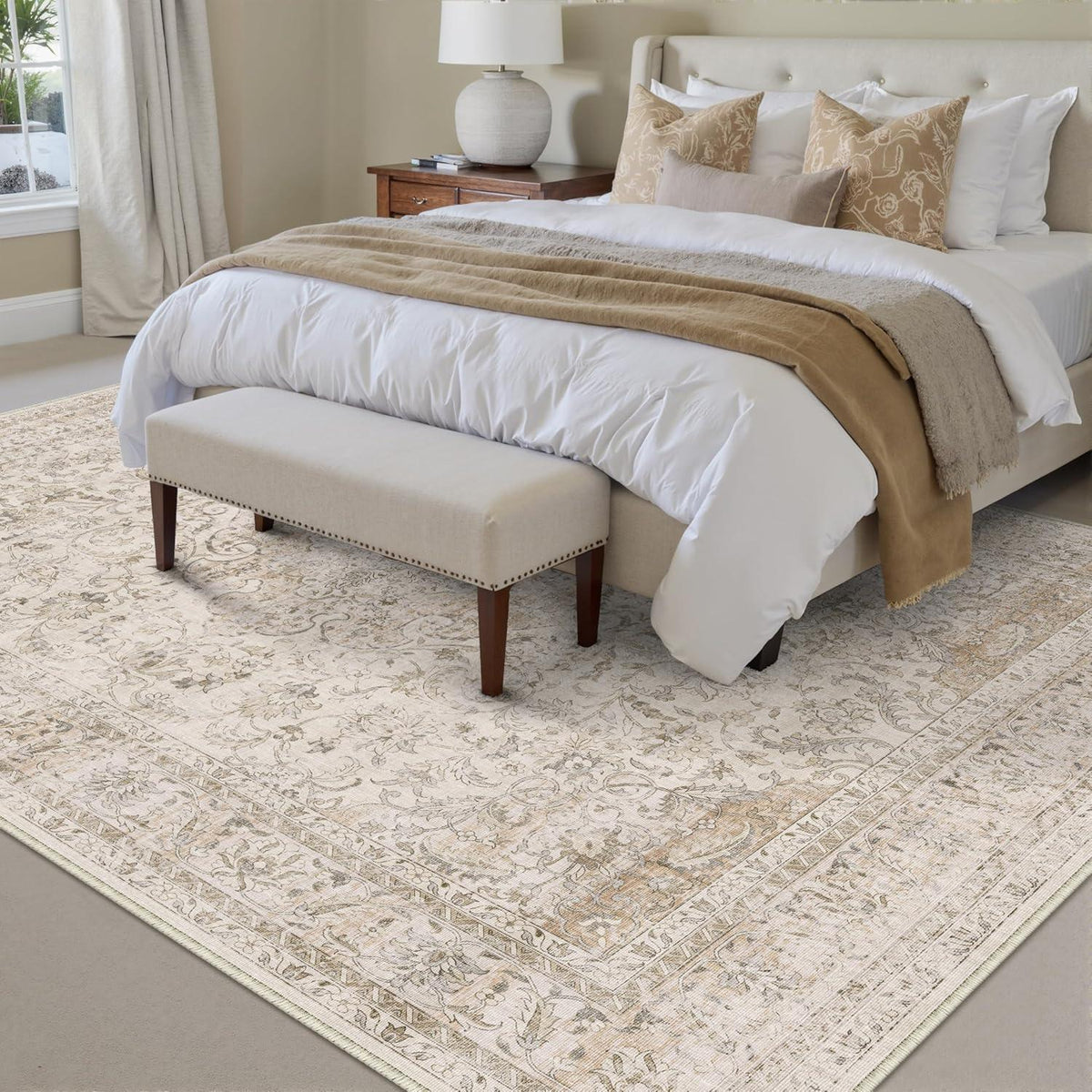 Vintage Teppich 240x300cm Beige – Waschbar & Rutschfest