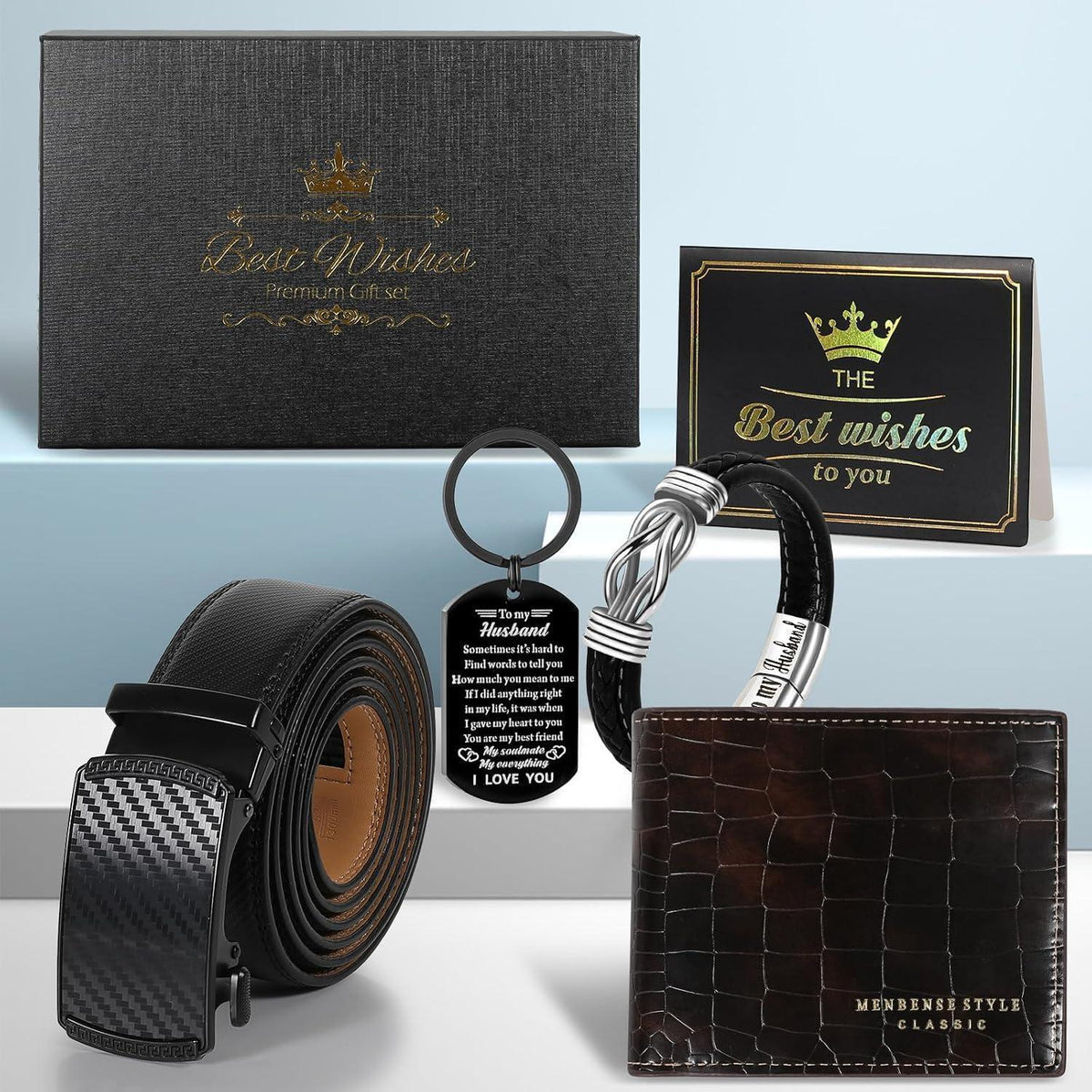 Geschenkset für Männer: Gürtel, Brieftasche, Armband & Schlüsselanhänger