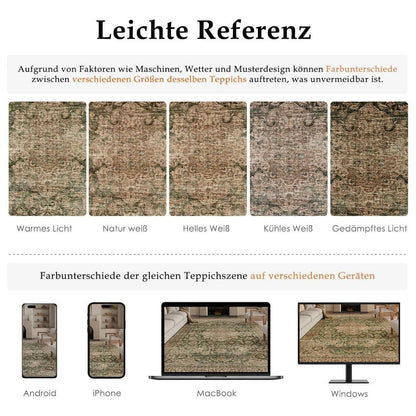 Vintage Teppich Grün 140x200cm Waschbar | Wohnzimmer Teppich