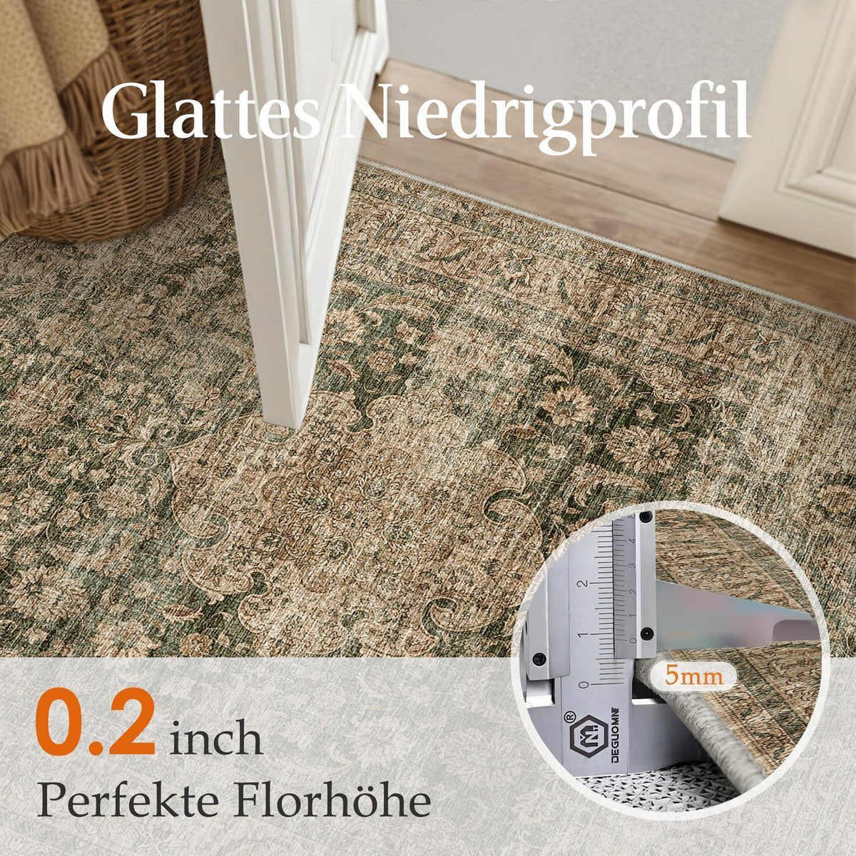 Vintage Teppich Grün 140x200cm Waschbar | Wohnzimmer Teppich